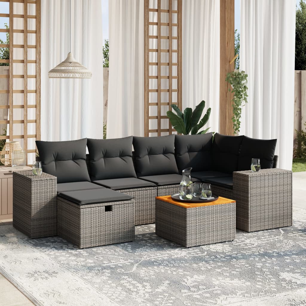 vidaXL 7-tlg. Garten-Sofagarnitur mit Kissen Grau Poly Rattan