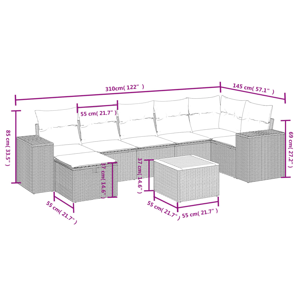 Set mobilier de grădină cu perne, 8 piese, negru, poliratan 3265179 - imagine 4