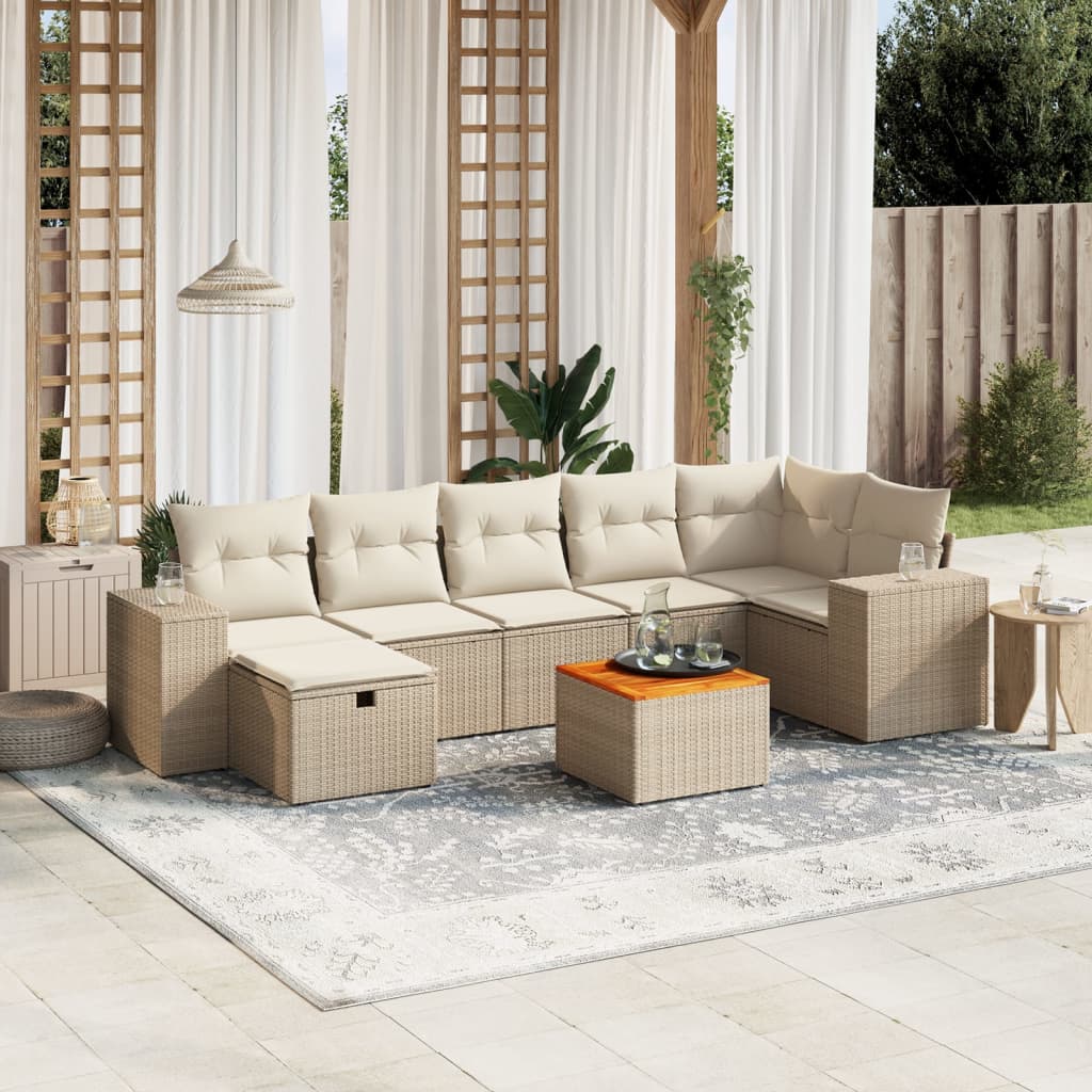 vidaXL 8-tlg. Garten-Sofagarnitur mit Kissen Beige Poly Rattan