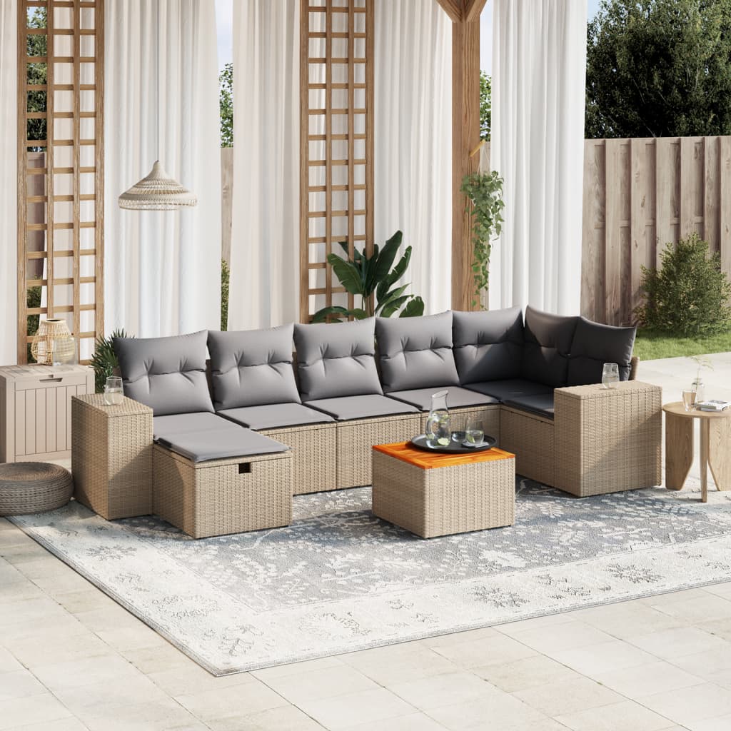 vidaXL 8-tlg. Garten-Sofagarnitur mit Kissen Beige Poly Rattan