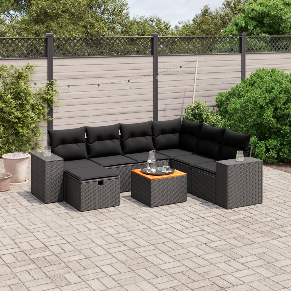 vidaXL 8-tlg. Garten-Sofagarnitur mit Kissen Schwarz Poly Rattan