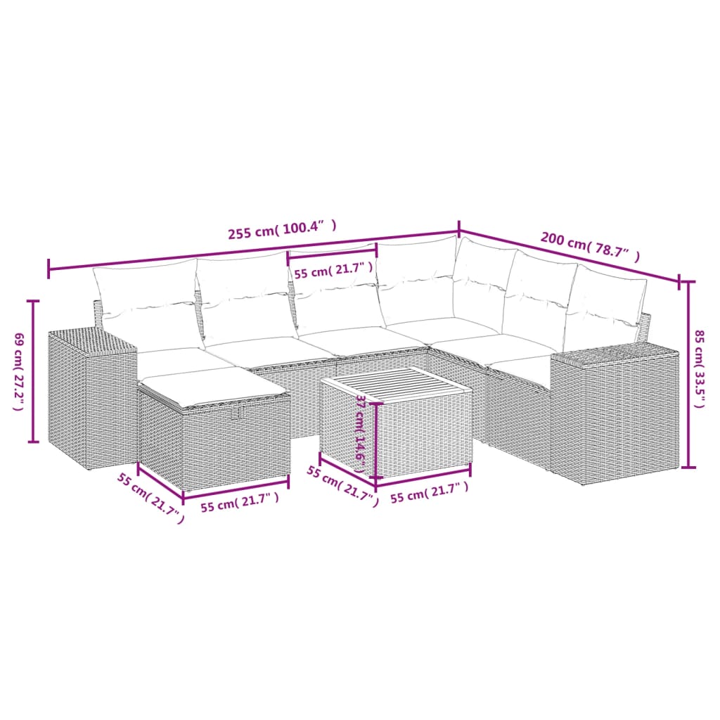 Set mobilier de grădină cu perne, 8 piese, negru, poliratan 3265186 - imagine 4