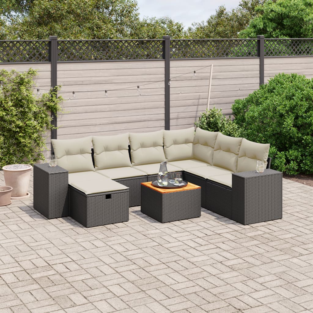 vidaXL 8-tlg. Garten-Sofagarnitur mit Kissen Schwarz Poly Rattan