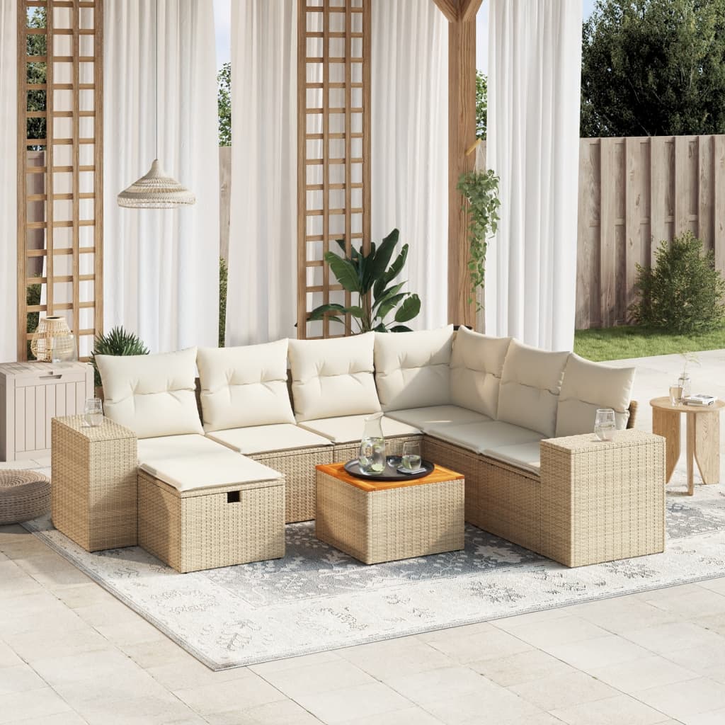 vidaXL 8-tlg. Garten-Sofagarnitur mit Kissen Beige Poly Rattan