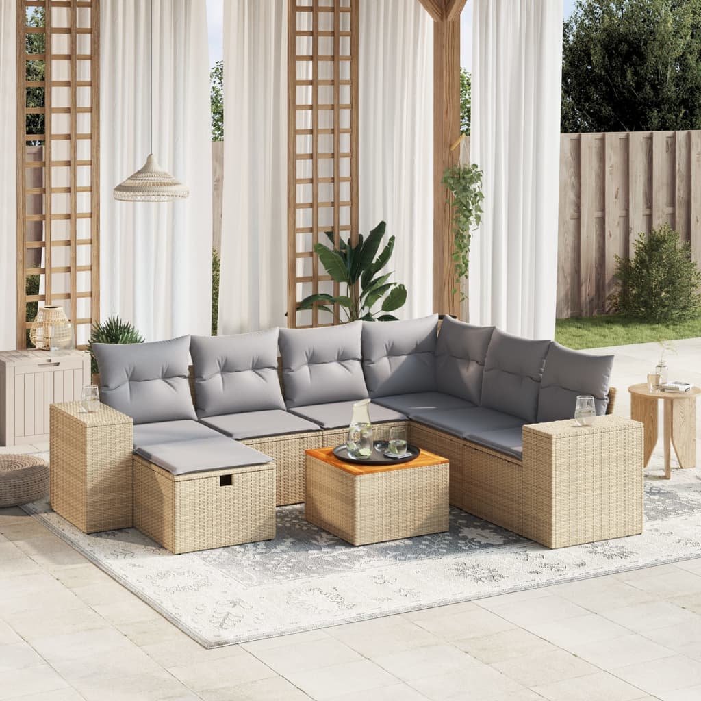 vidaXL 8-tlg. Garten-Sofagarnitur mit Kissen Beige Poly Rattan