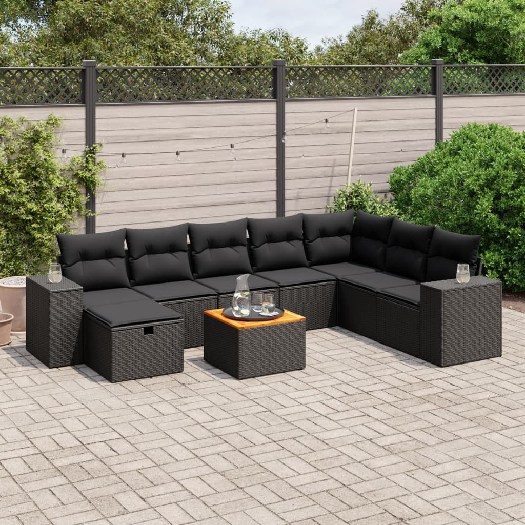 9-tlg. Garten-Sofagarnitur mit Kissen Schwarz Poly Rattan