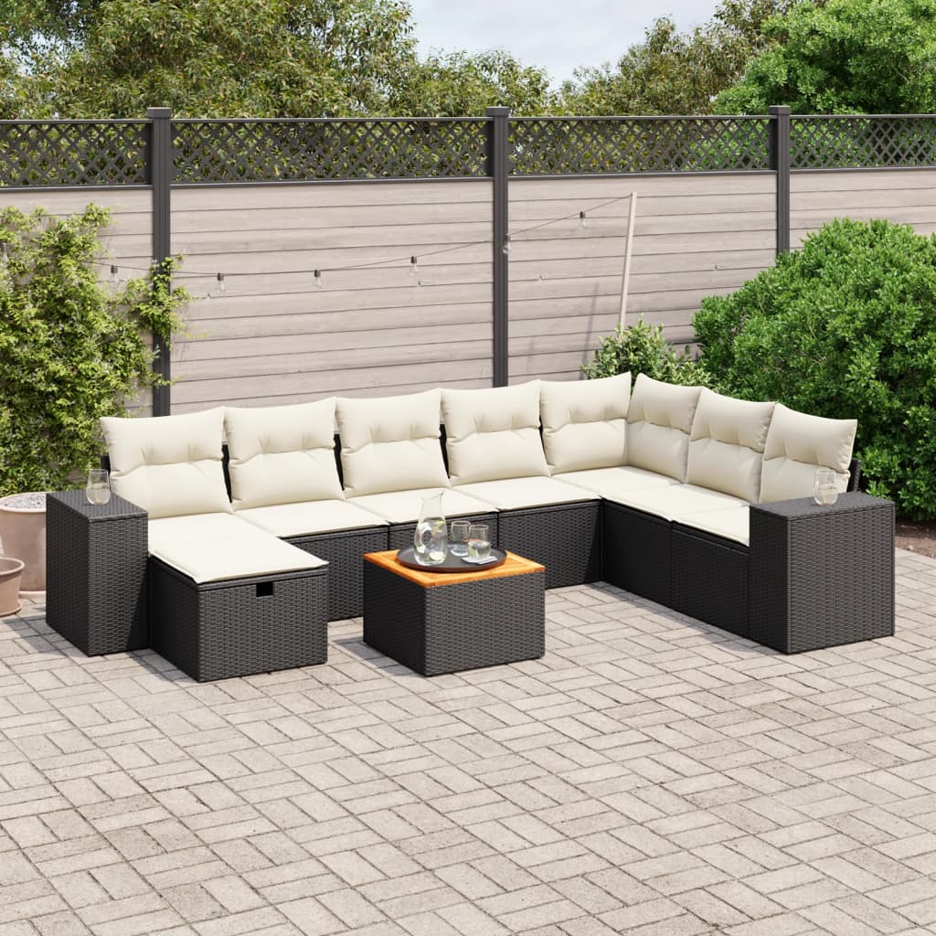 vidaXL 9-tlg. Garten-Sofagarnitur mit Kissen Schwarz Poly Rattan