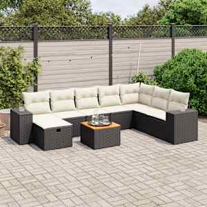 Vrtna sedežna garnitura 9-delna z blazinami črn poli ratan