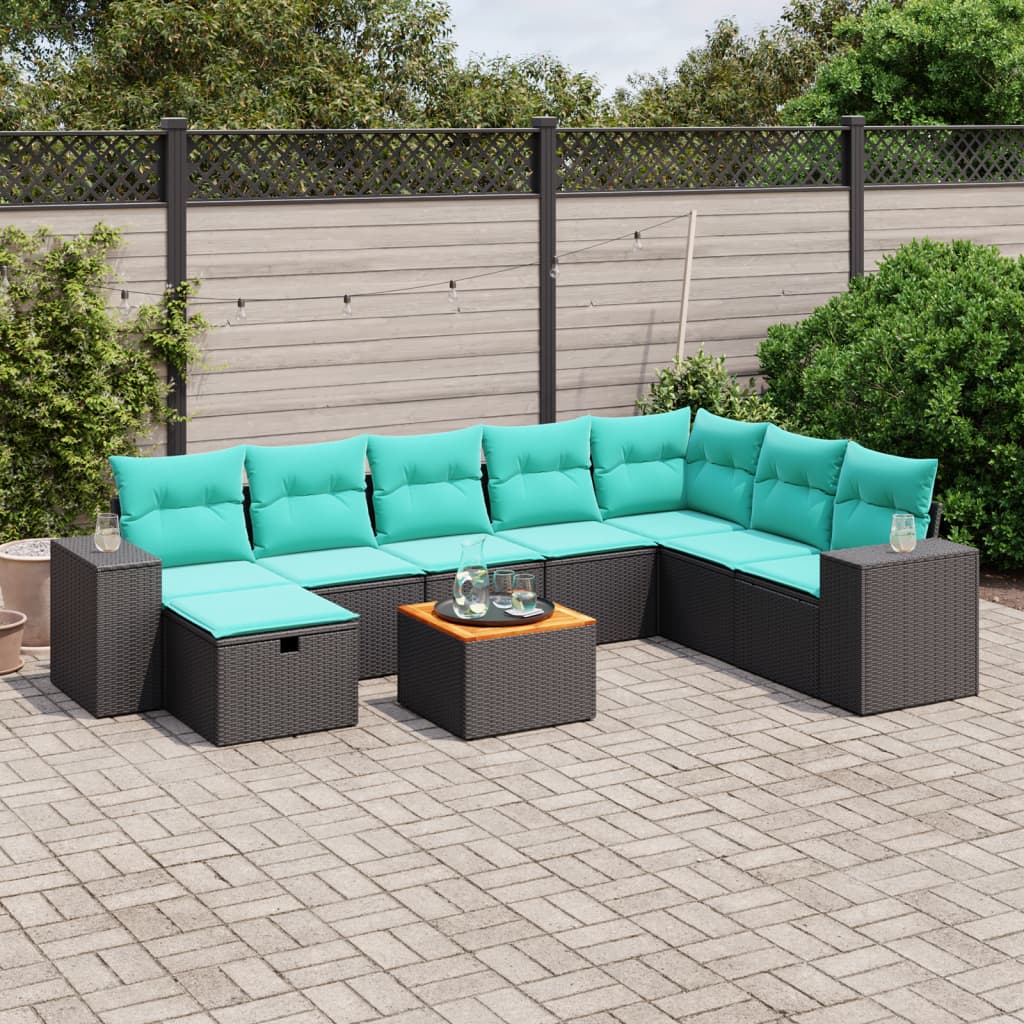 9 Piece Patio Sofa Set with Cushions Black Poly Rattan