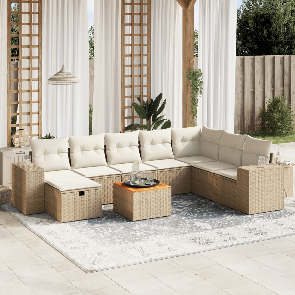 vidaXL 9-tlg. Garten-Sofagarnitur mit Kissen Beige Poly Rattan