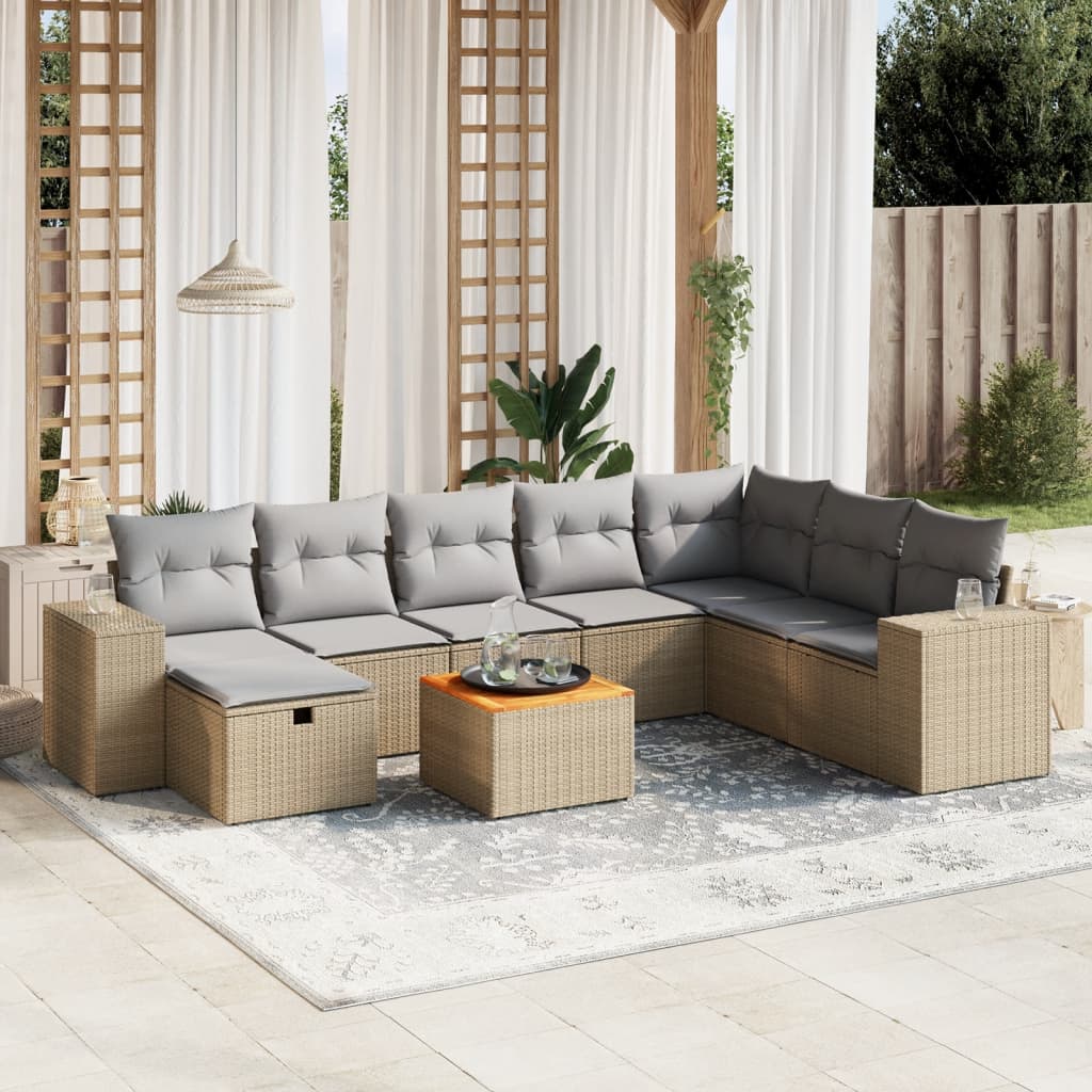 vidaXL 9-tlg. Garten-Sofagarnitur mit Kissen Beige Poly Rattan