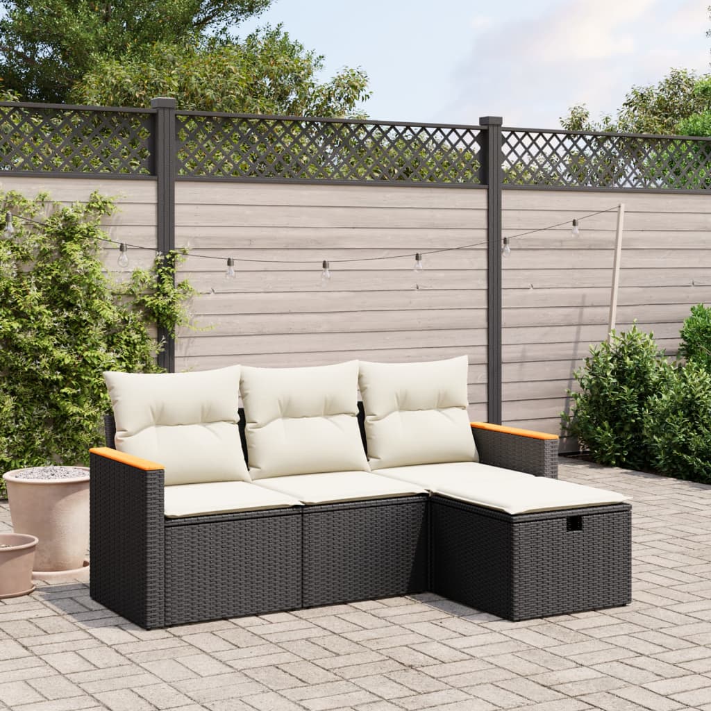 vidaXL 4-tlg. Garten-Sofagarnitur mit Kissen Schwarz Poly Rattan