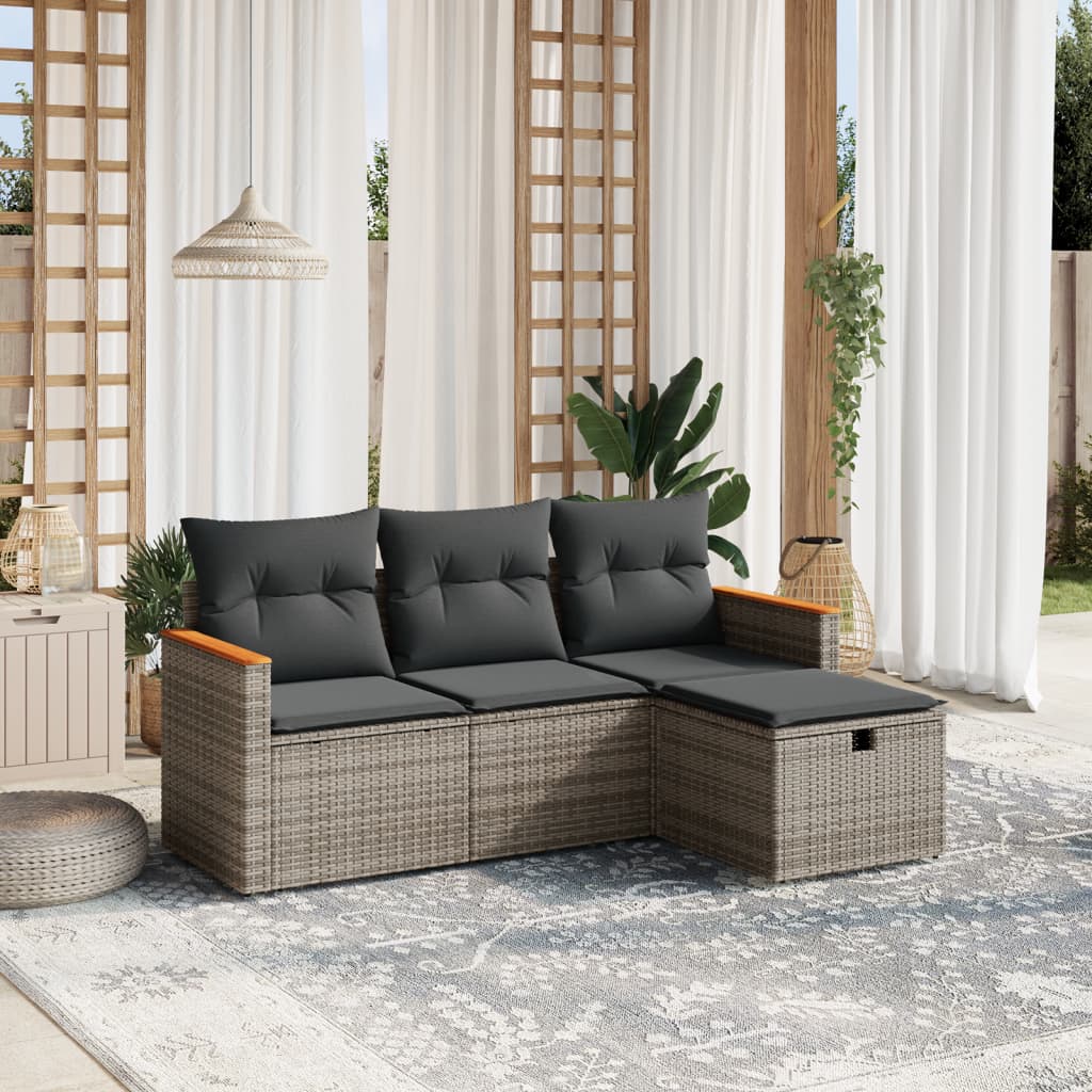 vidaXL 4-tlg. Garten-Sofagarnitur mit Kissen Grau Poly Rattan