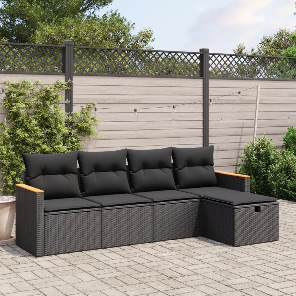 vidaXL 5-tlg. Garten-Sofagarnitur mit Kissen Schwarz Poly Rattan