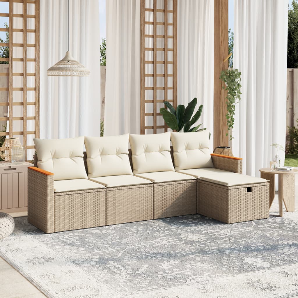 vidaXL 5-tlg. Garten-Sofagarnitur mit Kissen Beige Poly Rattan