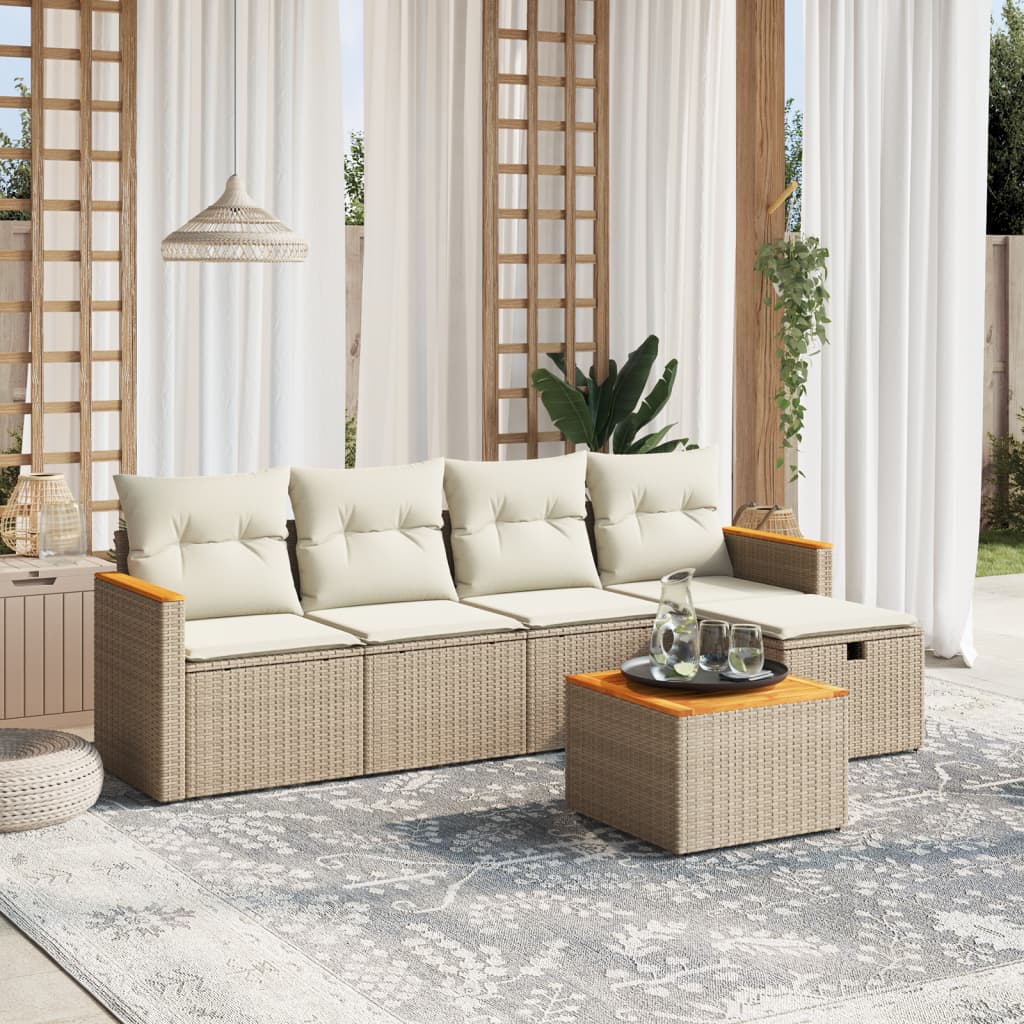 vidaXL 6-tlg. Garten-Sofagarnitur mit Kissen Beige Poly Rattan