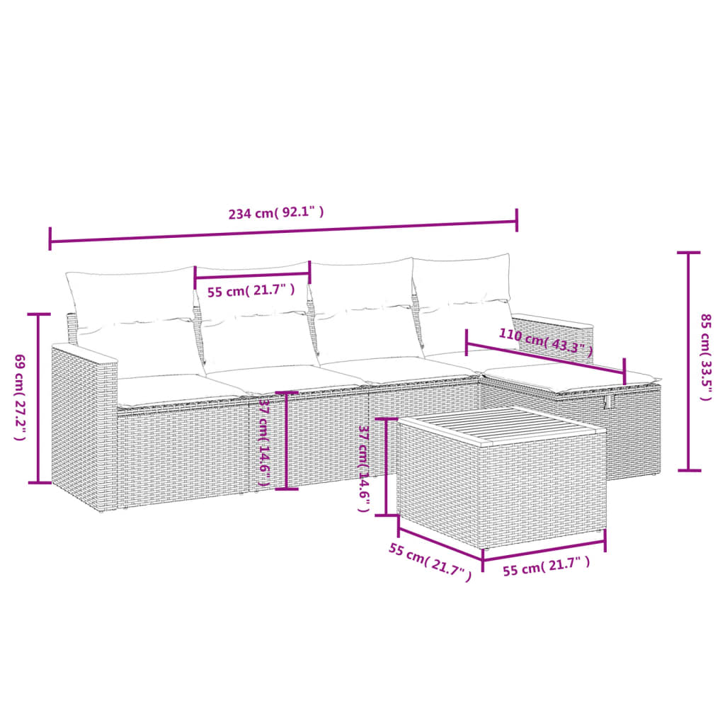 vidaXL 6-delige Loungeset met kussens poly rattan gemengd beige afbeelding