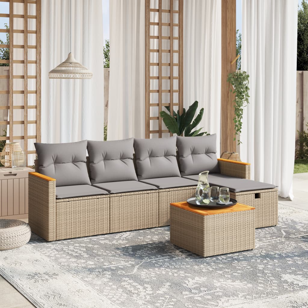 vidaXL 6-tlg. Garten-Sofagarnitur mit Kissen Beige Poly Rattan