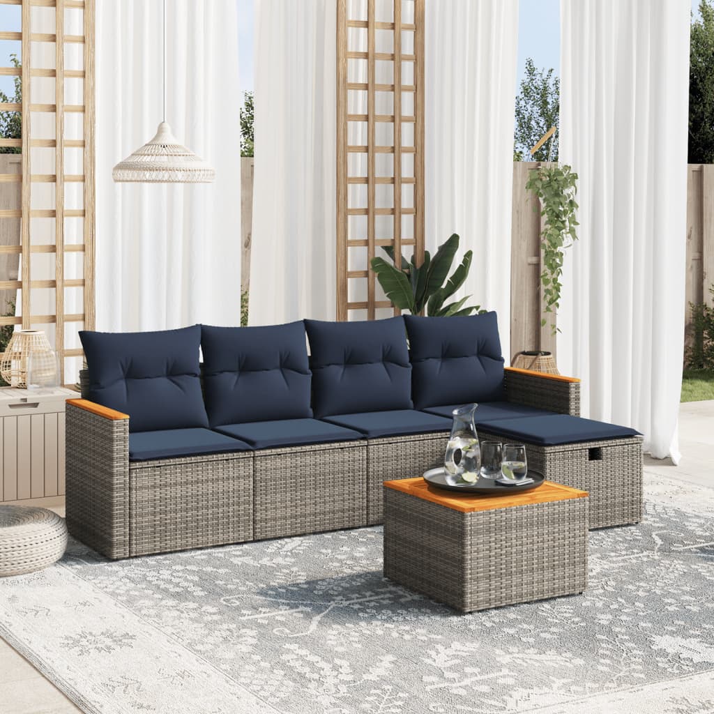 6 Piece Patio Sofa Set with Cushions Gray Poly Rattan