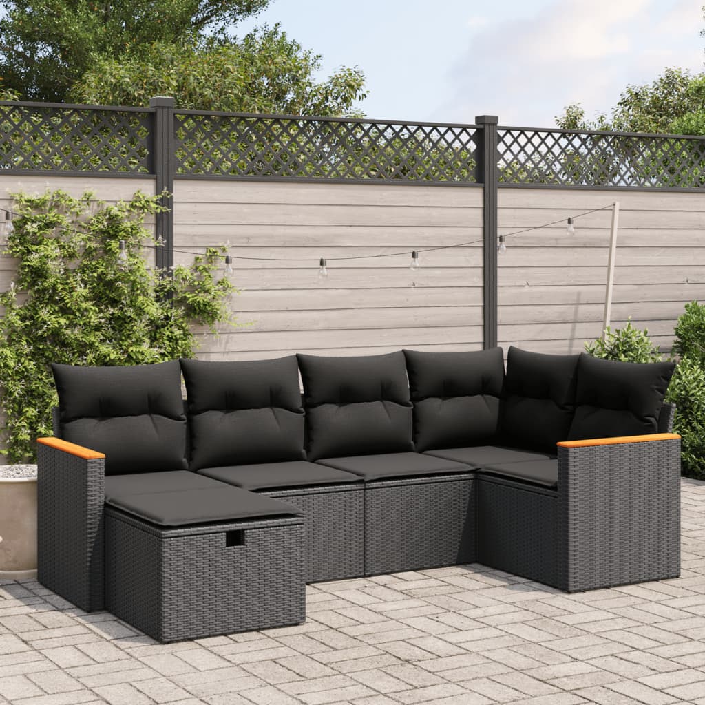 6-tlg. Garten-Sofagarnitur mit Kissen Schwarz Poly Rattan