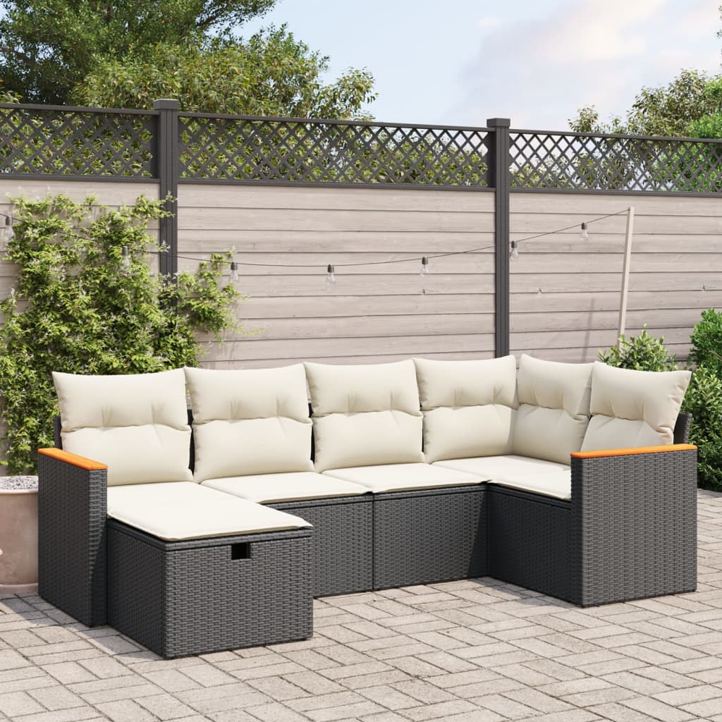 6-tlg. Garten-Sofagarnitur mit Kissen Schwarz Poly Rattan