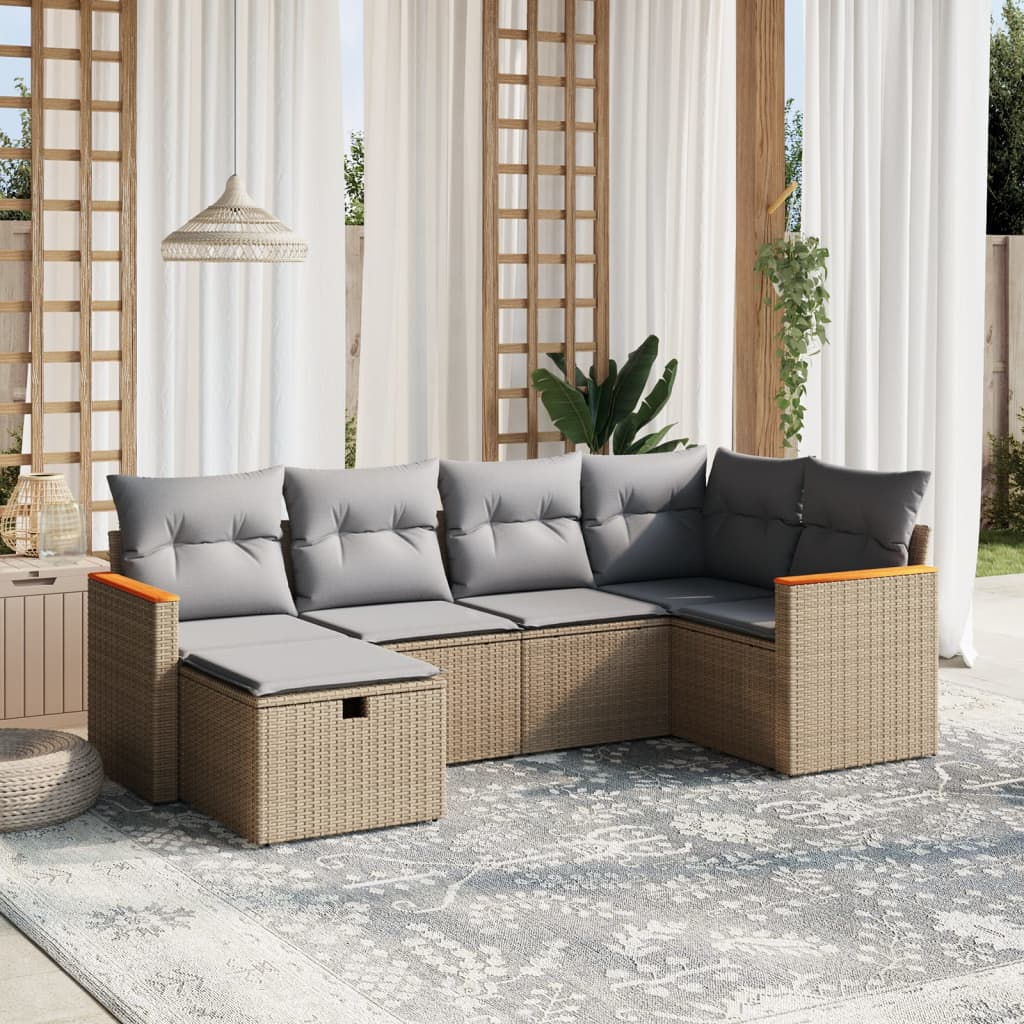 vidaXL 6-tlg. Garten-Sofagarnitur mit Kissen Beige Poly Rattan