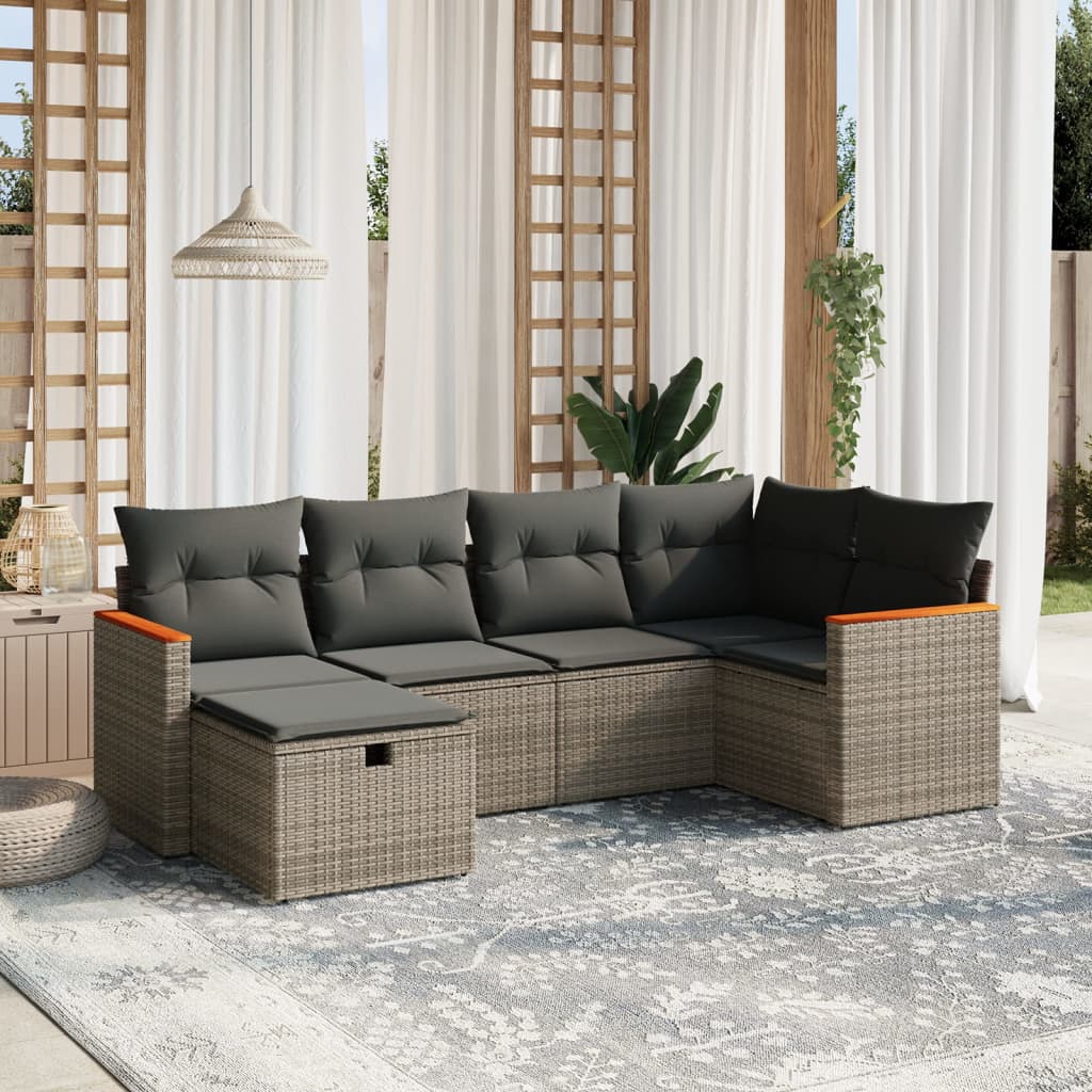 vidaXL 6-tlg. Garten-Sofagarnitur mit Kissen Grau Poly Rattan