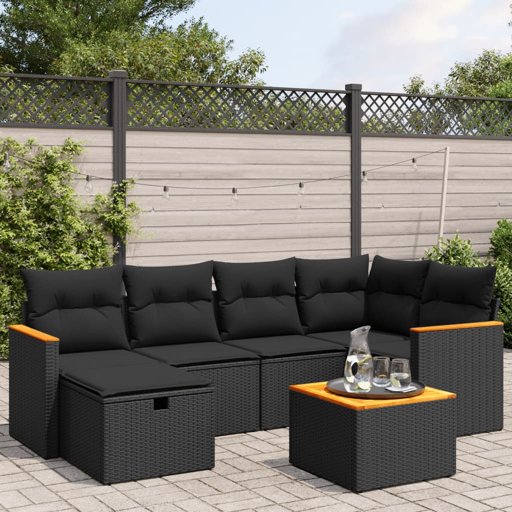 7-tlg. Garten-Sofagarnitur mit Kissen Schwarz Poly Rattan