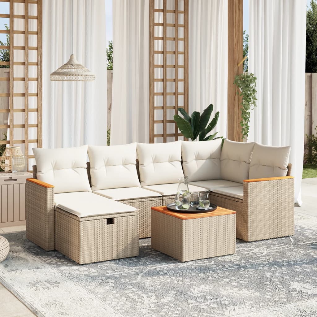 vidaXL 7-tlg. Garten-Sofagarnitur mit Kissen Beige Poly Rattan