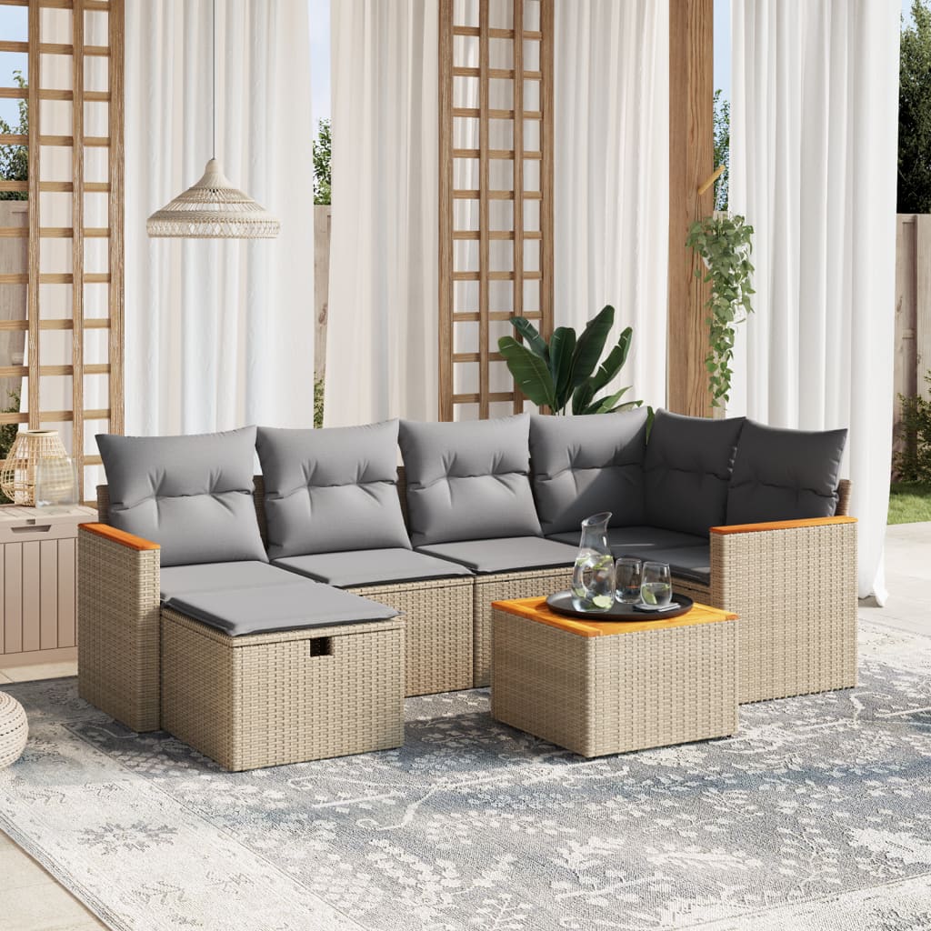 vidaXL 7-tlg. Garten-Sofagarnitur mit Kissen Beige Poly Rattan