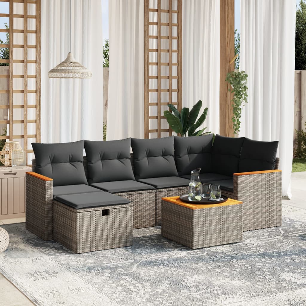 7-tlg. Garten-Sofagarnitur mit Kissen Grau Poly Rattan