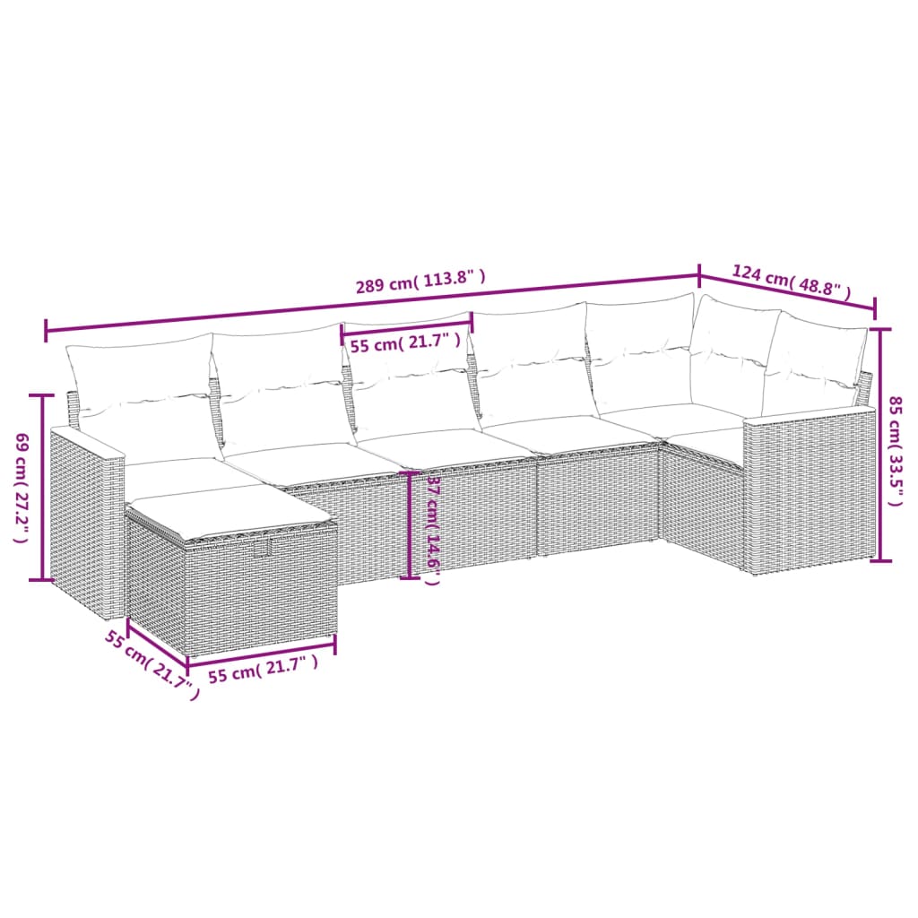 vidaXL 7 részes fekete polyrattan kerti ülőgarnitúra párnával