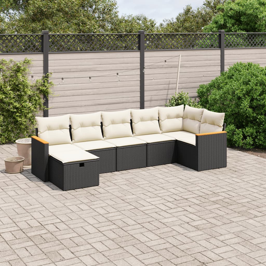 vidaXL 7-tlg. Garten-Sofagarnitur mit Kissen Schwarz Poly Rattan