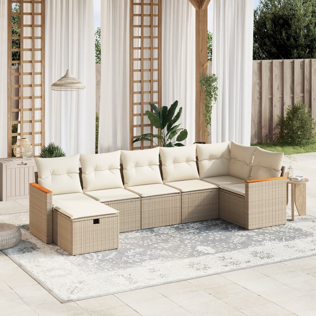 vidaXL 7-tlg. Garten-Sofagarnitur mit Kissen Beige Poly Rattan