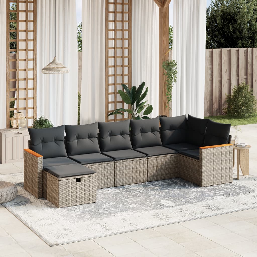 vidaXL 7-tlg. Garten-Sofagarnitur mit Kissen Grau Poly Rattan