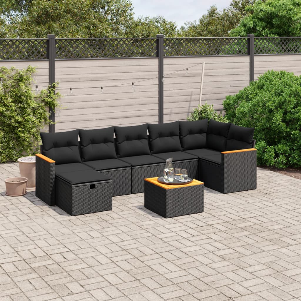 vidaXL 8-tlg. Garten-Sofagarnitur mit Kissen Schwarz Poly Rattan