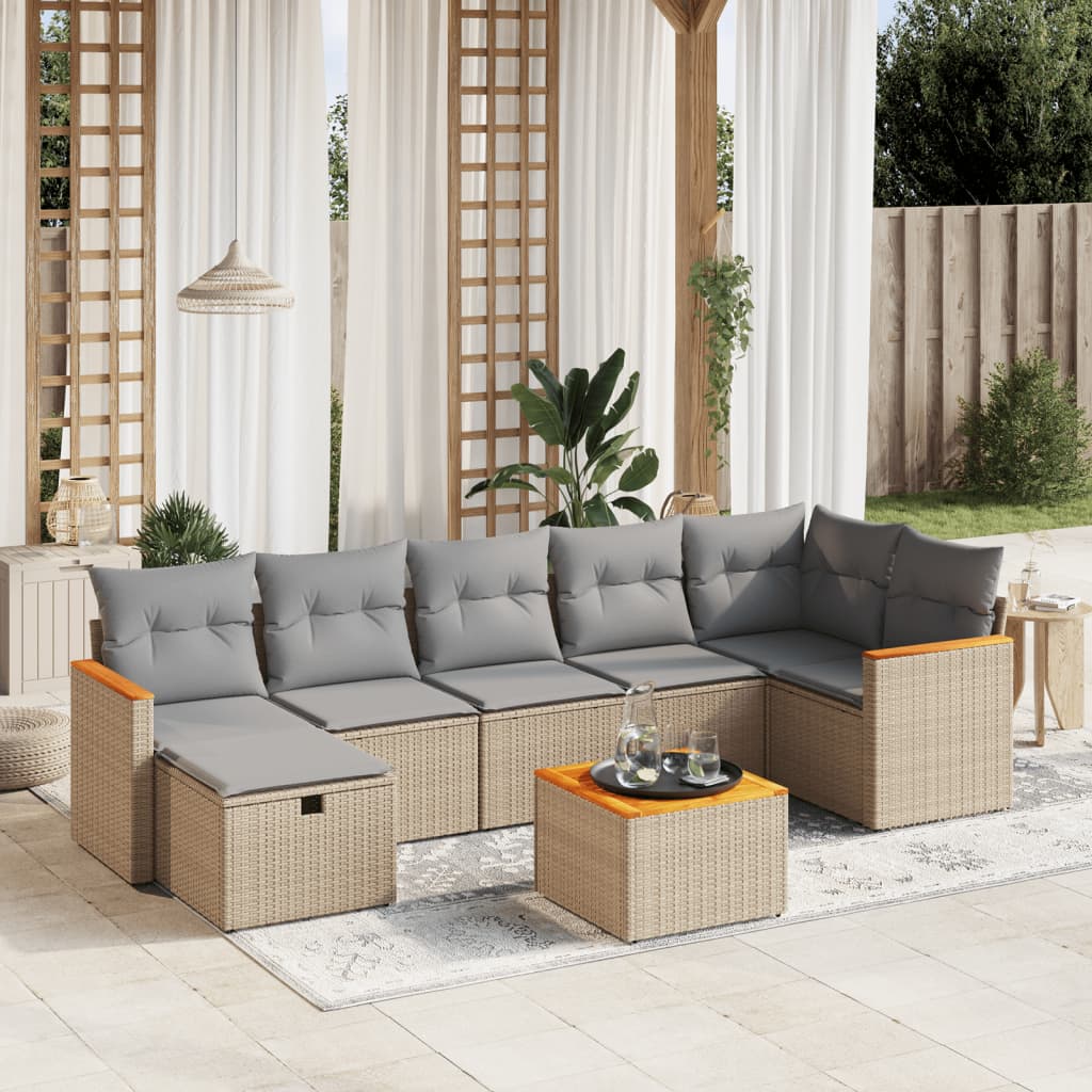 vidaXL 8-tlg. Garten-Sofagarnitur mit Kissen Beige Poly Rattan