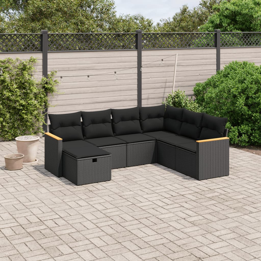 7-tlg. Garten-Sofagarnitur mit Kissen Schwarz Poly Rattan