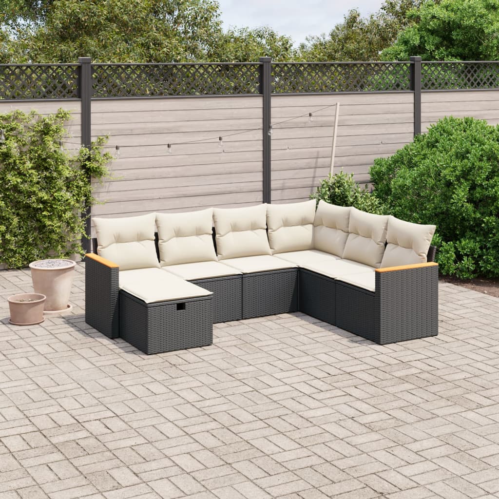 vidaXL 7-tlg. Garten-Sofagarnitur mit Kissen Schwarz Poly Rattan