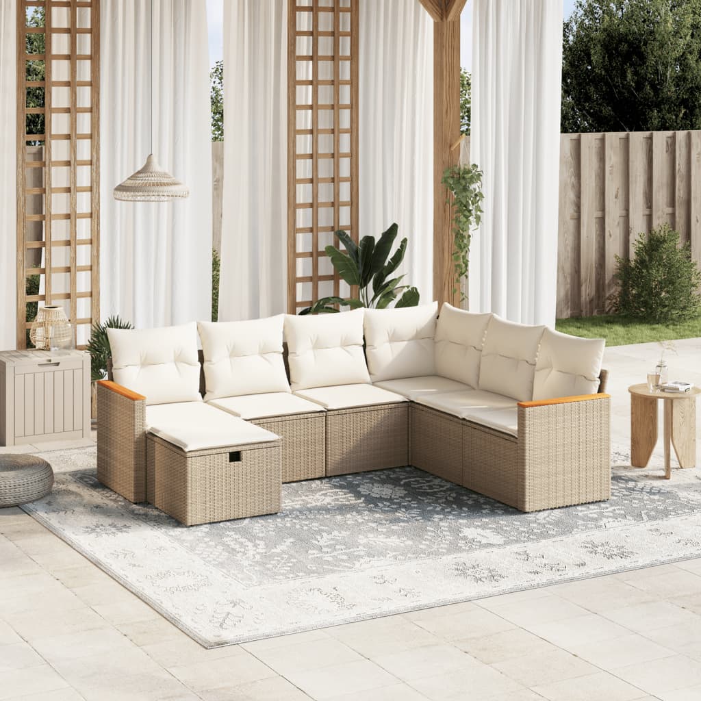 vidaXL 7-tlg. Garten-Sofagarnitur mit Kissen Beige Poly Rattan