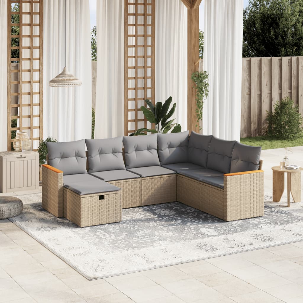 vidaXL 7-tlg. Garten-Sofagarnitur mit Kissen Beige Poly Rattan