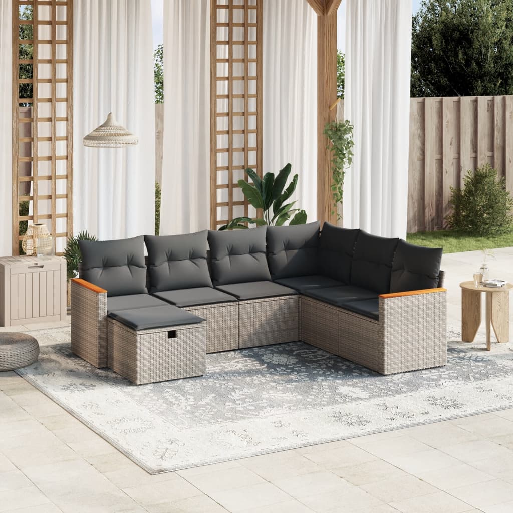 vidaXL 7-tlg. Garten-Sofagarnitur mit Kissen Grau Poly Rattan