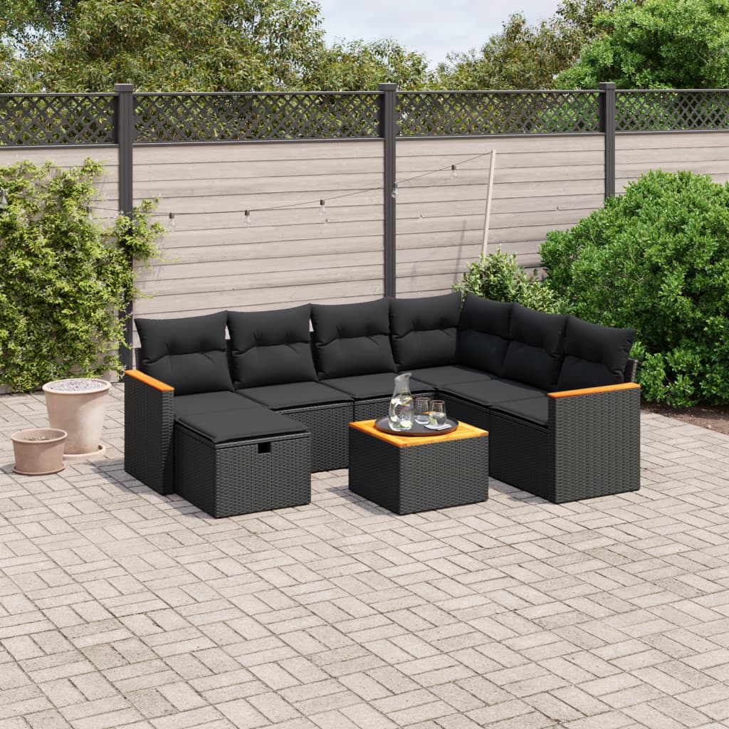 vidaXL 8-tlg. Garten-Sofagarnitur mit Kissen Schwarz Poly Rattan