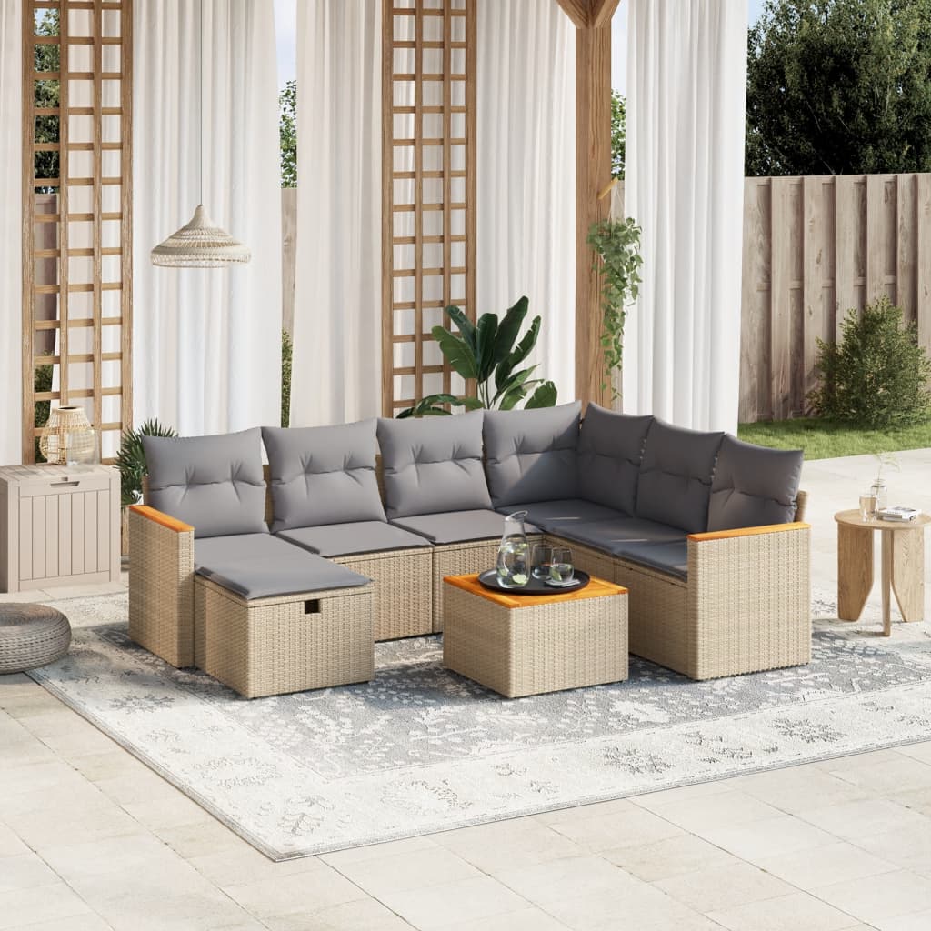 vidaXL 8-tlg. Garten-Sofagarnitur mit Kissen Beige Poly Rattan