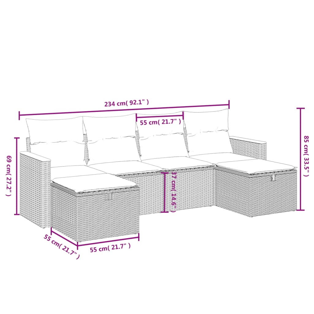vidaXL 6-delige Loungeset met kussens poly rattan zwart afbeelding