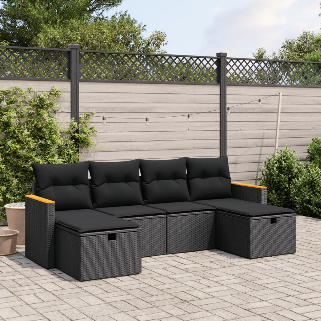 vidaXL 6-tlg. Garten-Sofagarnitur mit Kissen Schwarz Poly Rattan