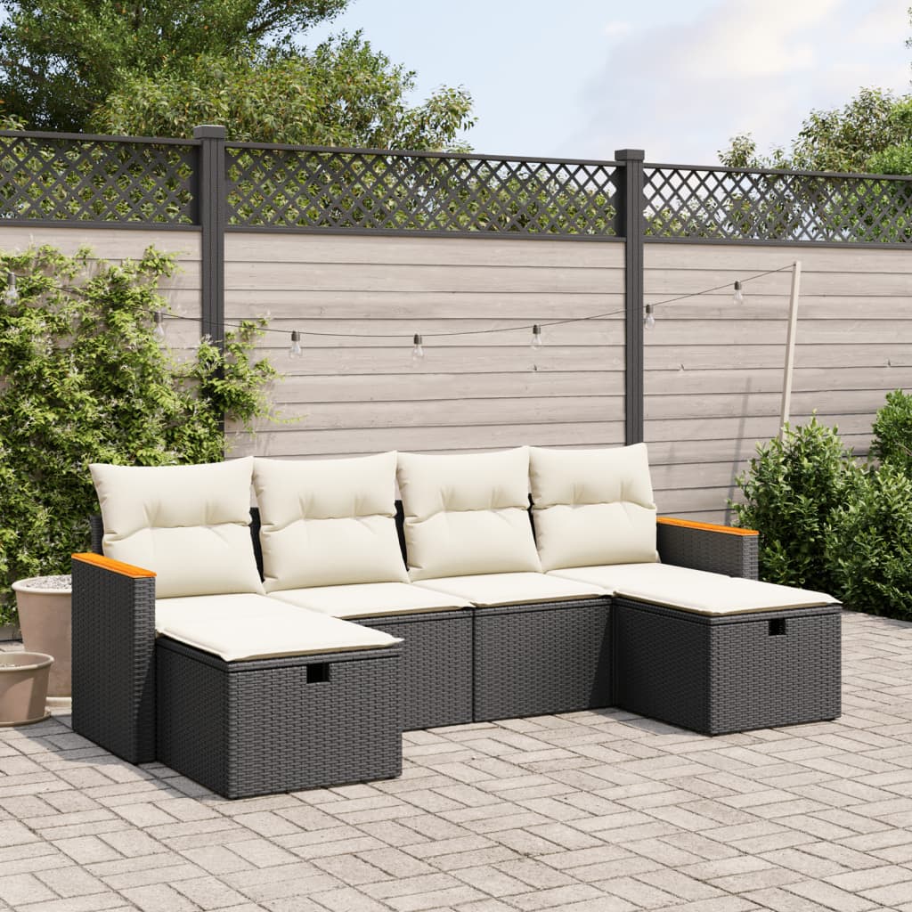 vidaXL 6-tlg. Garten-Sofagarnitur mit Kissen Schwarz Poly Rattan