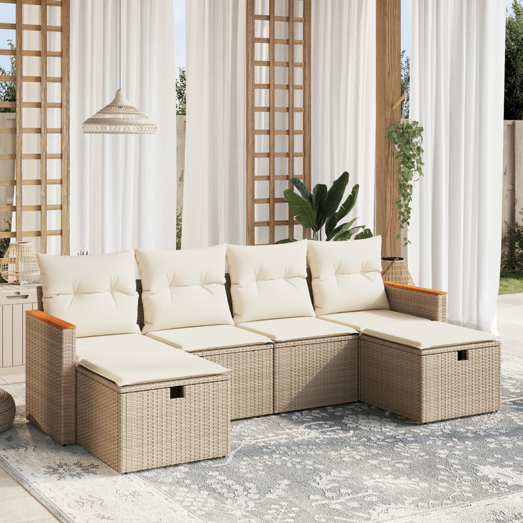 vidaXL 6-tlg. Garten-Sofagarnitur mit Kissen Beige Poly Rattan