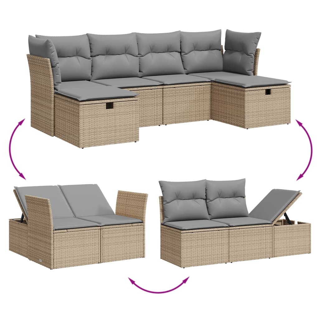 vidaXL 6-delige Loungeset met kussens poly rattan gemengd beige afbeelding
