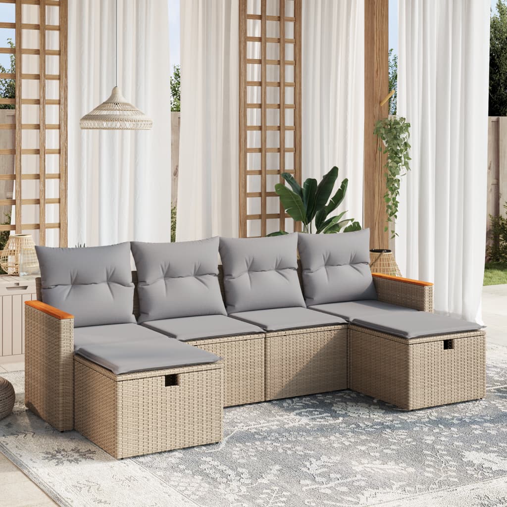 vidaXL 6-tlg. Garten-Sofagarnitur mit Kissen Beige Poly Rattan